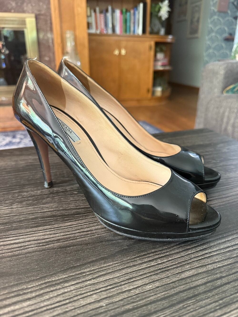 Prada Black Patent Leather Vernice Nero Peep Toe Platform Pumps Heels Sz. 40